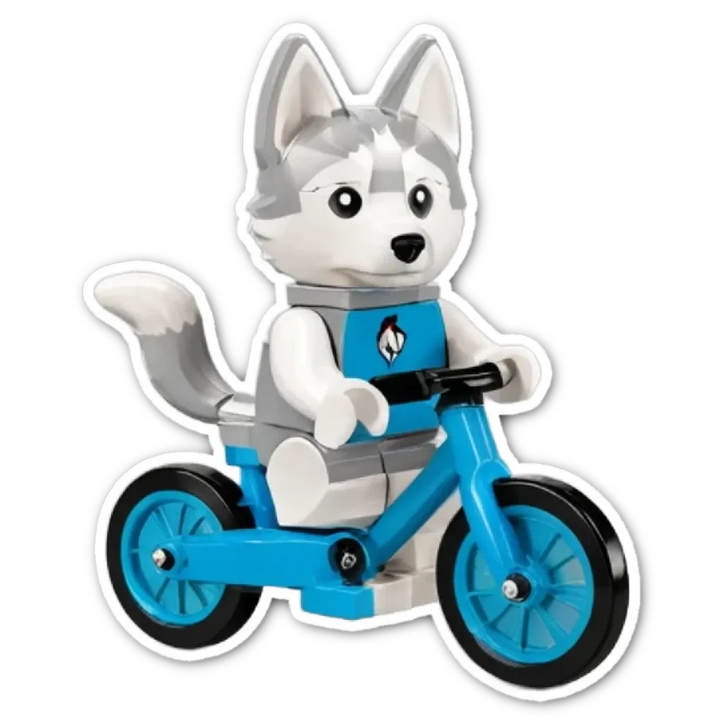 A lego dog riding a bike in blue and white.