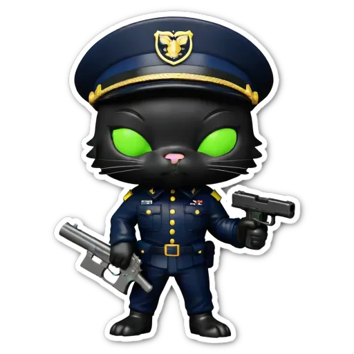 A sticker of a gun and a cat in a police uniform.