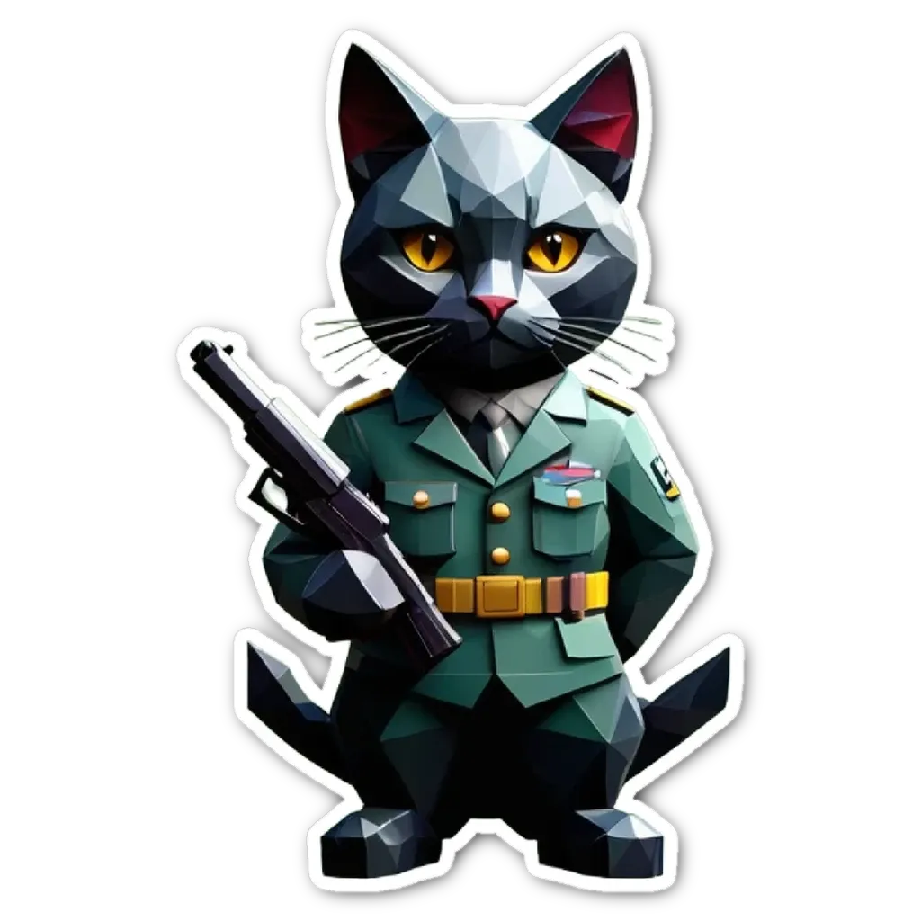 A cat in a uniform with a gun on its back.