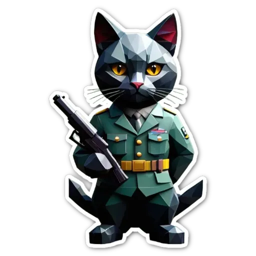 A cat in a uniform with a gun on its back.