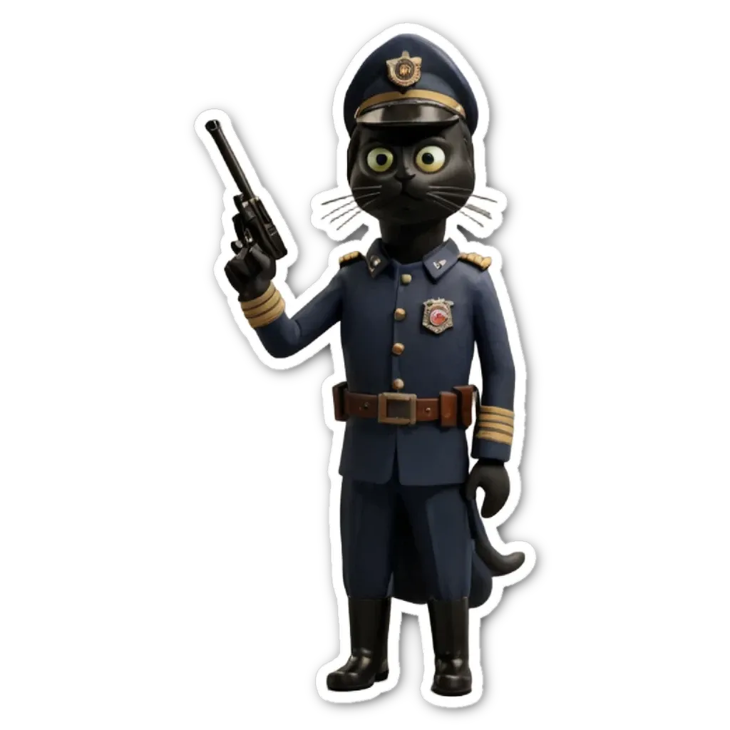 A sticker of a black cat in uniform holding a gun.