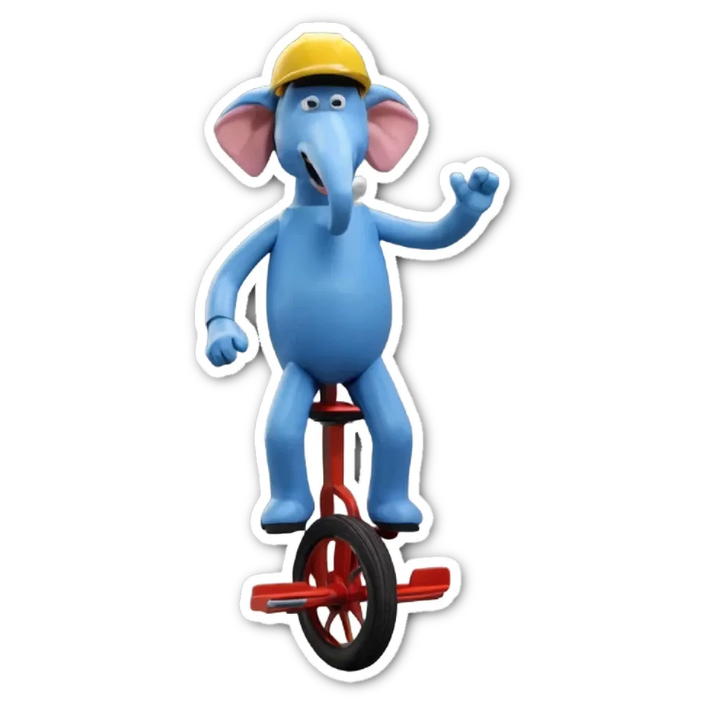 A blue elephant riding a unicycle on a black background.