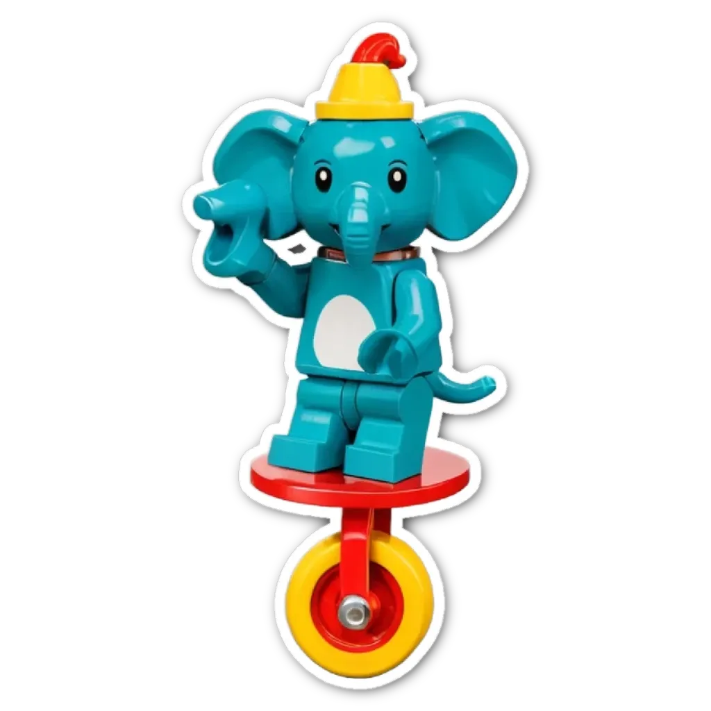 A lego elephant on a toy that looks like a bike.