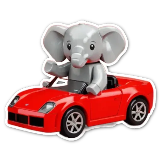 A lego elephant in a car on a black background.