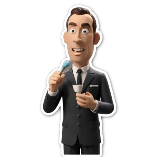 A 3d model of a man wearing a suit and tie holding a toothbrush in his mouth.