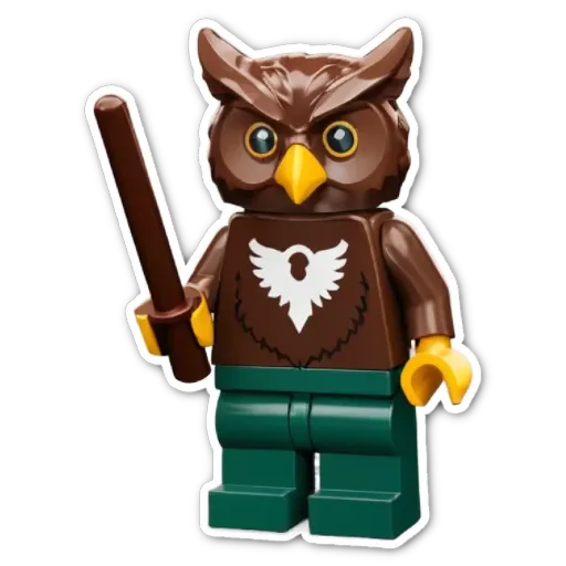 A brown and green lego figure with a stick in his right hand.