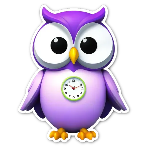 A purple owl that is 9 minutes past 3 o'clock.