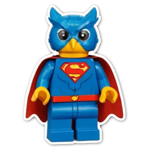 A blue and yellow lego figure of a superman with a cape and mask.