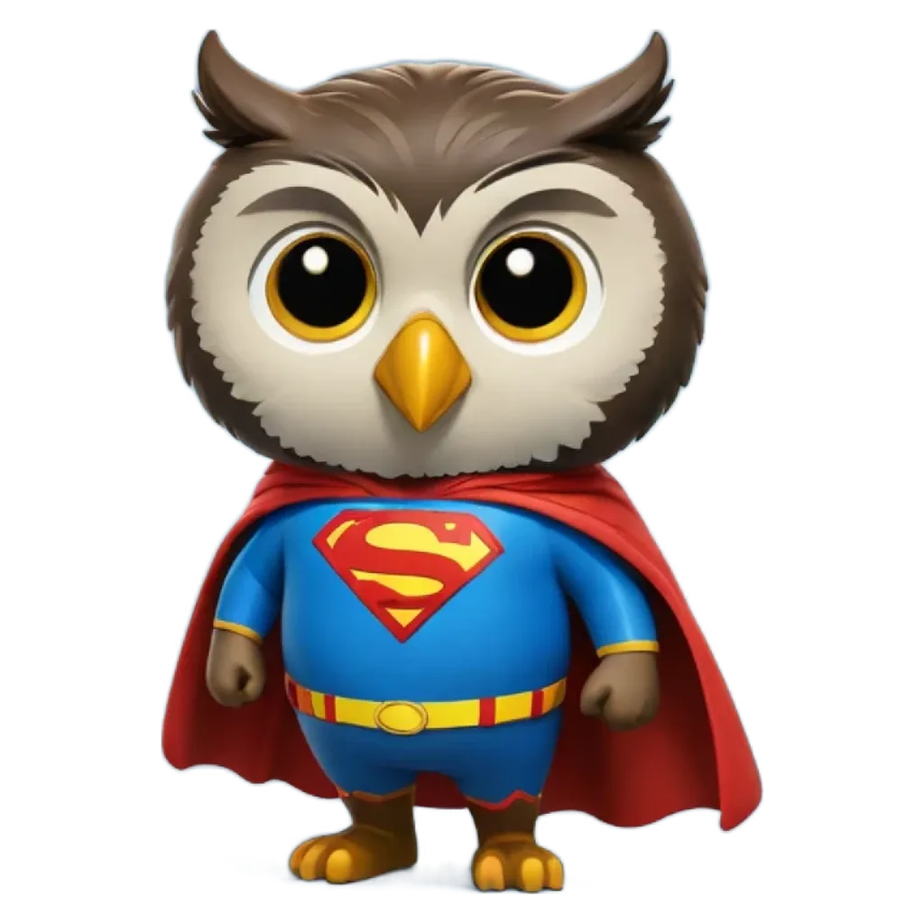 A cartoon owl with a cape and blue eyes.