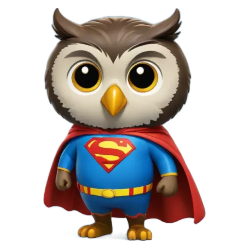 A cartoon owl with a cape and blue eyes.