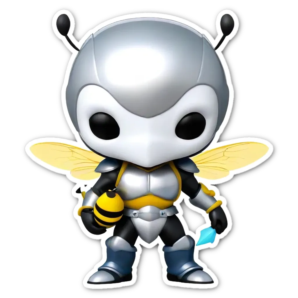 A sticker of a bee with a yellow and blue shield and holding a honeycomb.