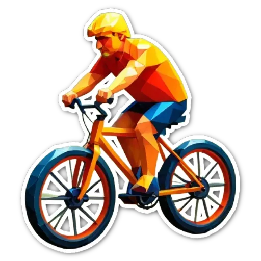 A man in a orange shirt riding a bike.