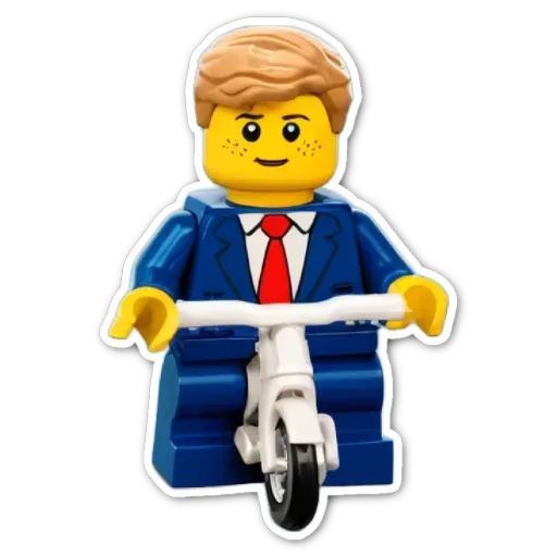 A Lego figure riding a bike in a suit.