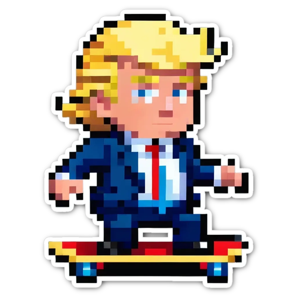 A digital Donald Trump that is wearing a suit and tie and riding a skateboard.