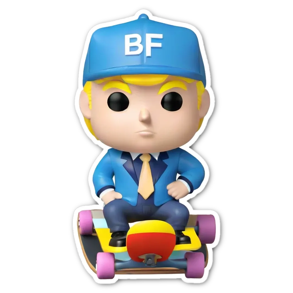 A plastic figure wearing a blue hat and suit is sitting on a skateboard.