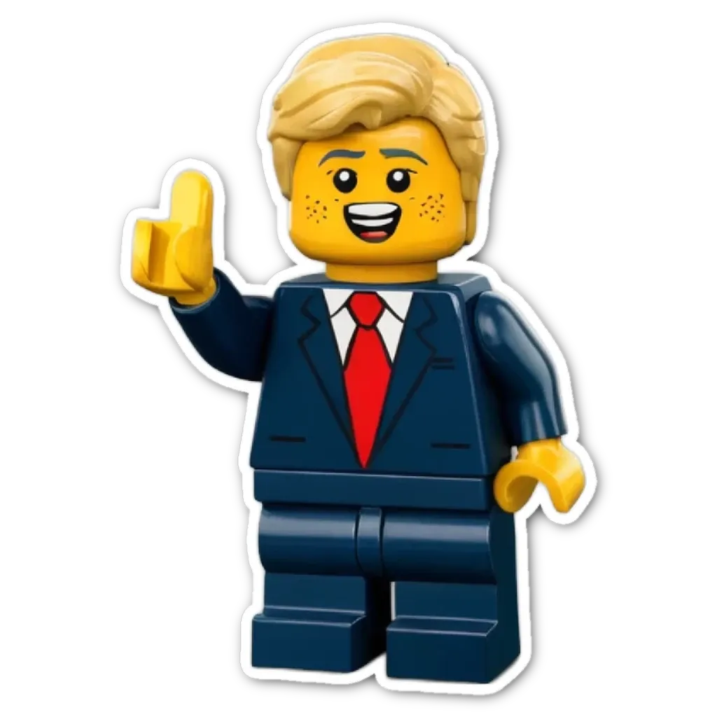 A lego person pointing with a red tie.