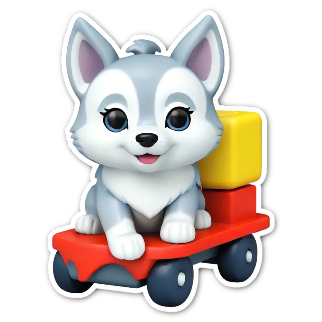 A sticker of a dog riding a toy train.