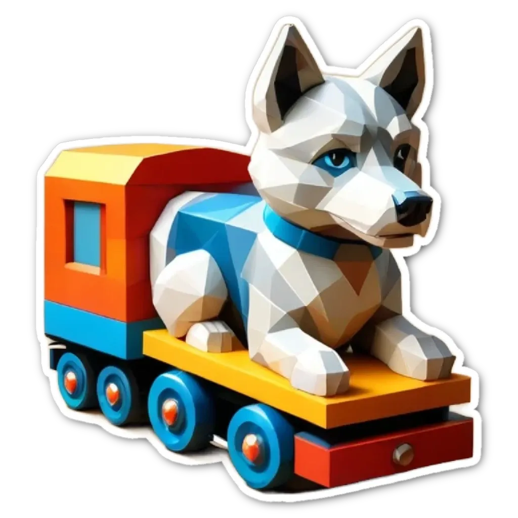 A dog riding a toy train.