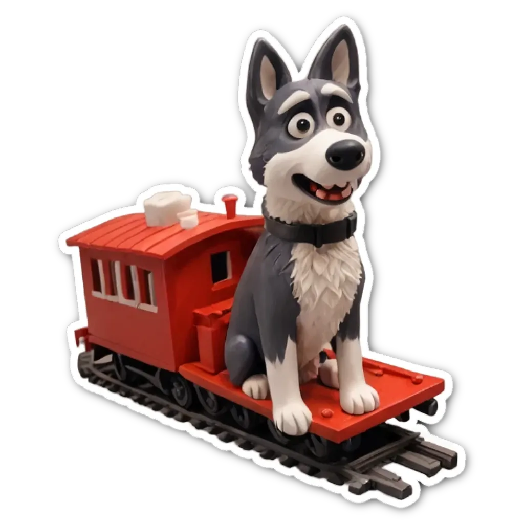 A dog sitting on a toy train.