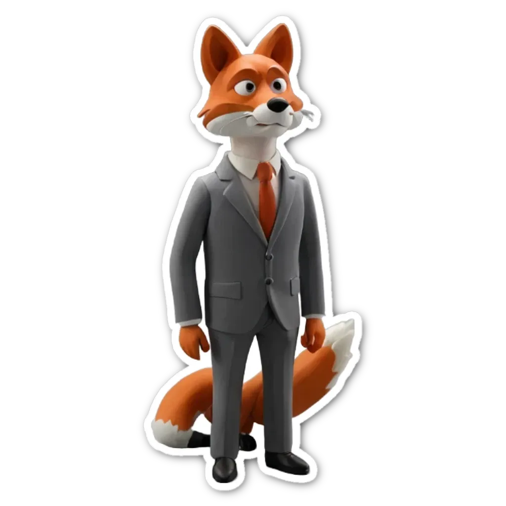 A fox in a suit is looking to the right.