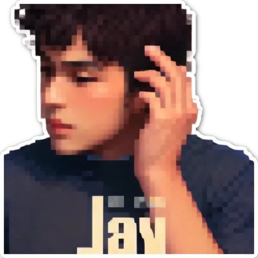 A boy with a sticker on his right that says "Jay".