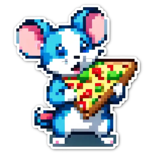 A cartoon image of a blue and white mouse holding a slice of pizza.