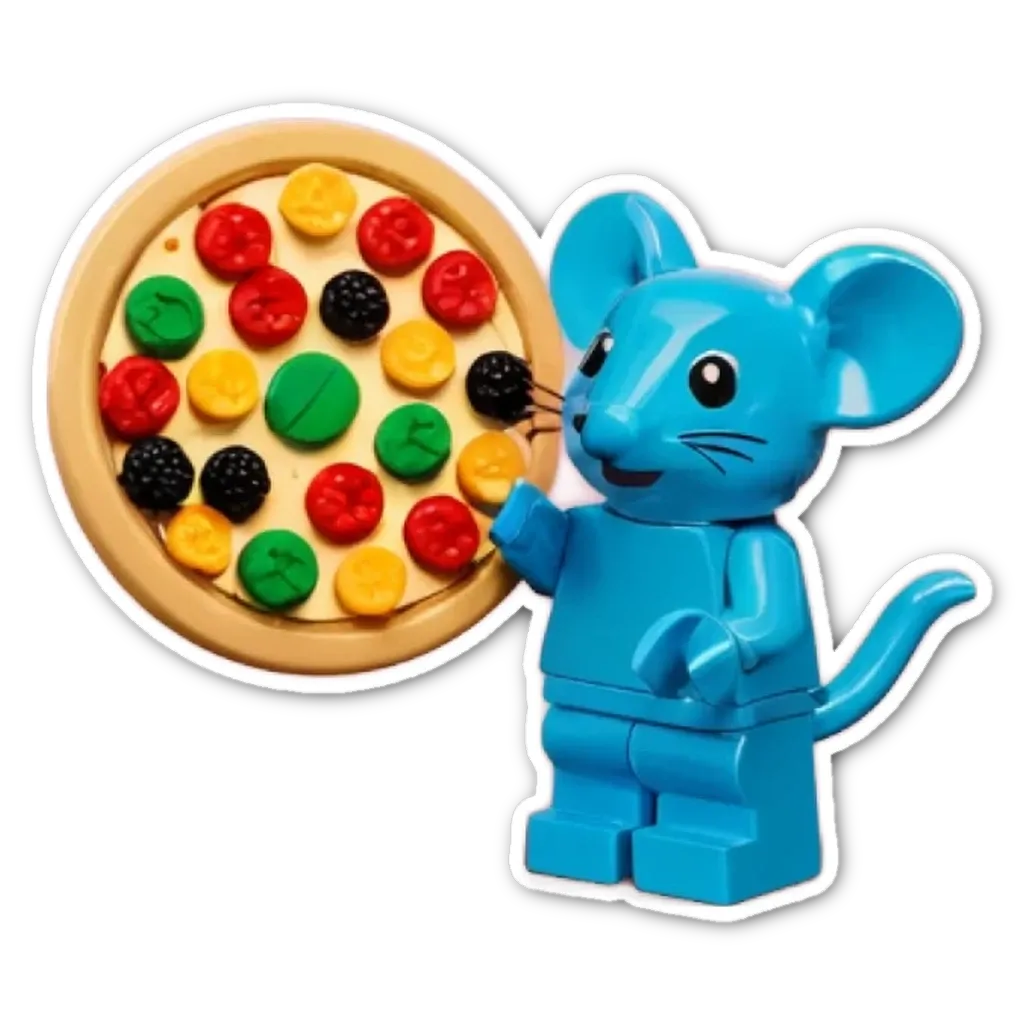 A blue lego mouse holding a pizza in its left hand.