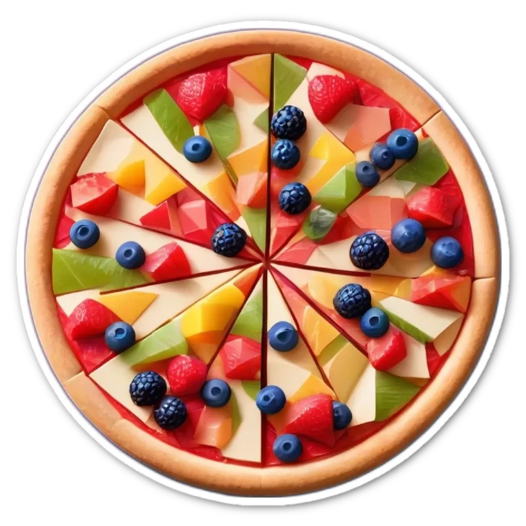 Pizza with fruit on top and sliced into pieces.