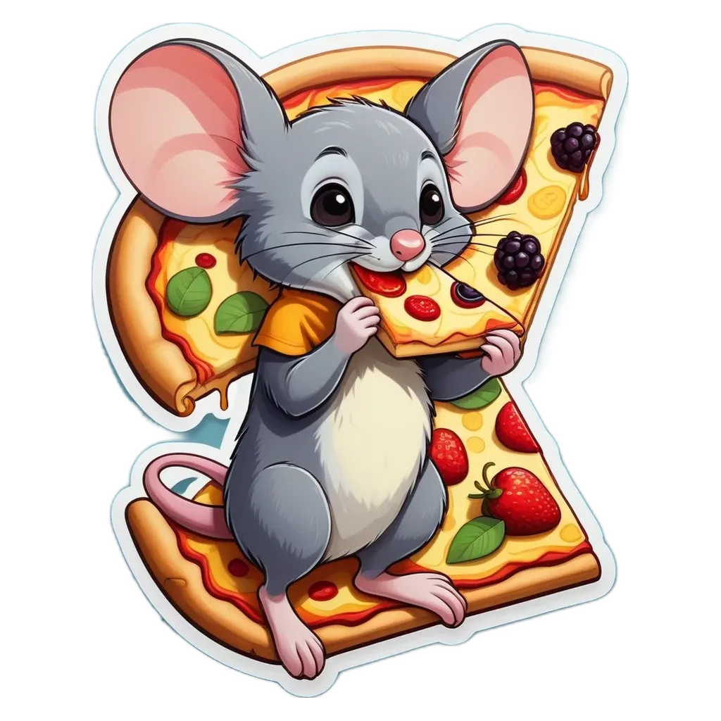 a cartoon pizza mouse eating a slice.