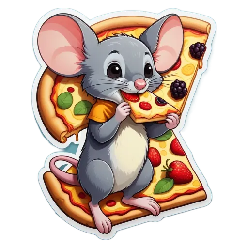 a cartoon pizza mouse eating a slice.