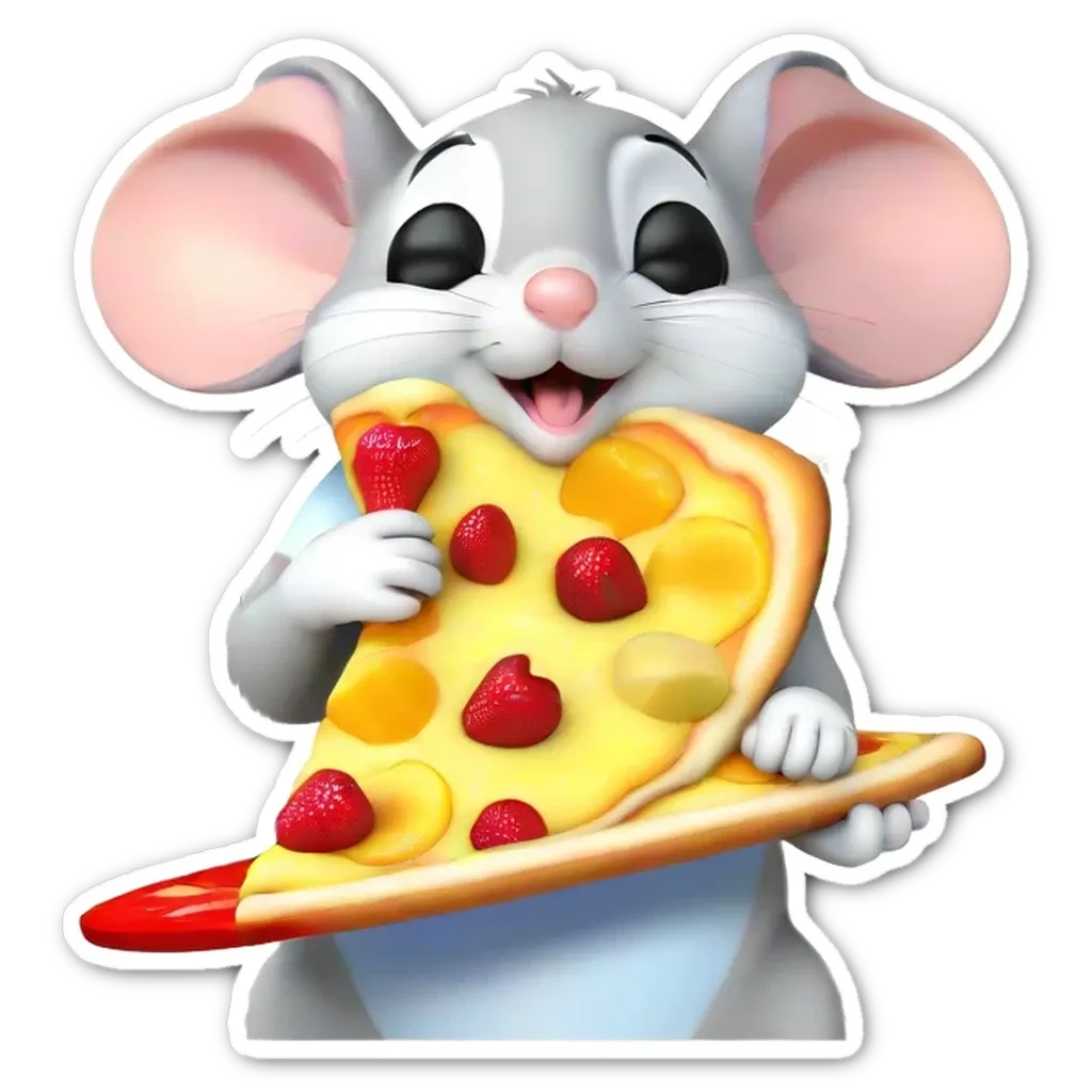 A sticker of a mouse eating pizza with fruit on top.