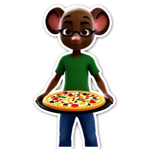 a mouse wearing glasses and holding a pizza on a black plate.