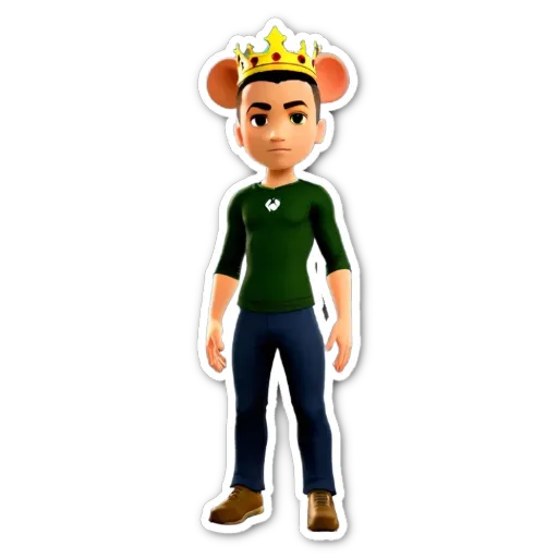 A boy with a crown and mouse ears standing in front of a black background.