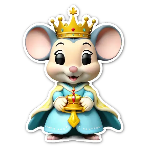 A cartoon picture of a mouse in a regal outfit holding a crown.