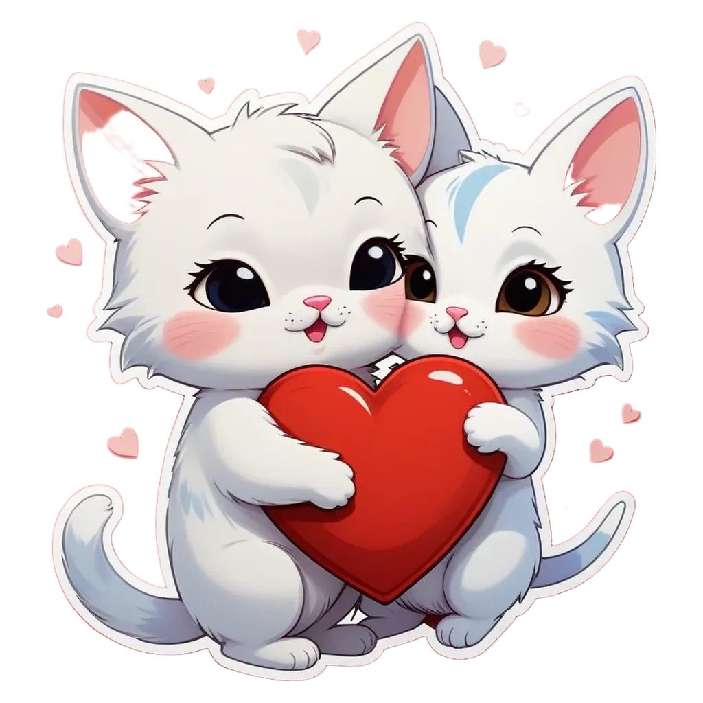 Two cats hugging each other and a heart in between them.