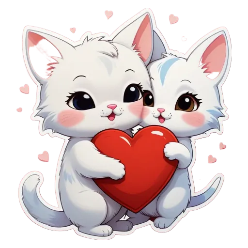 Two cats hugging each other and a heart in between them.