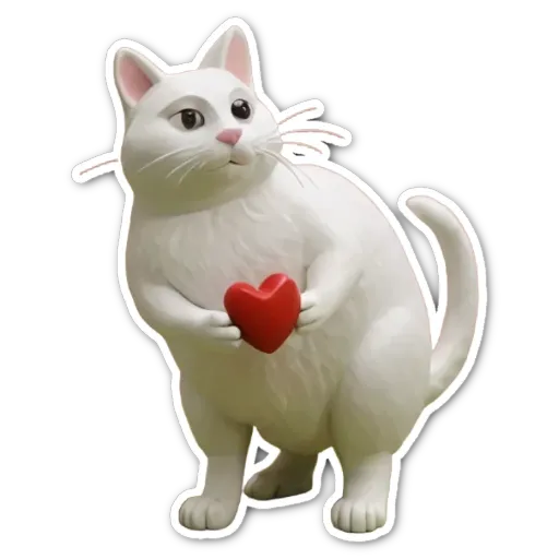 A white cat holding a red heart is standing on a black background.