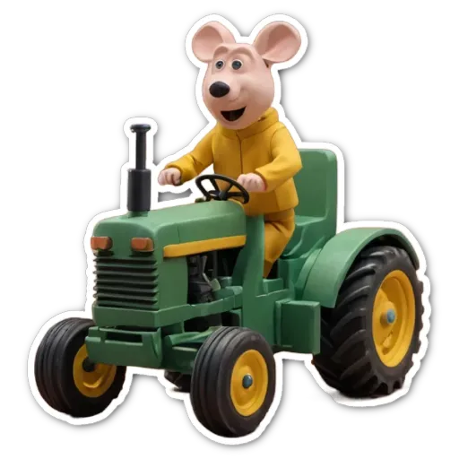 A sticker of a green tractor with a mouse driver.