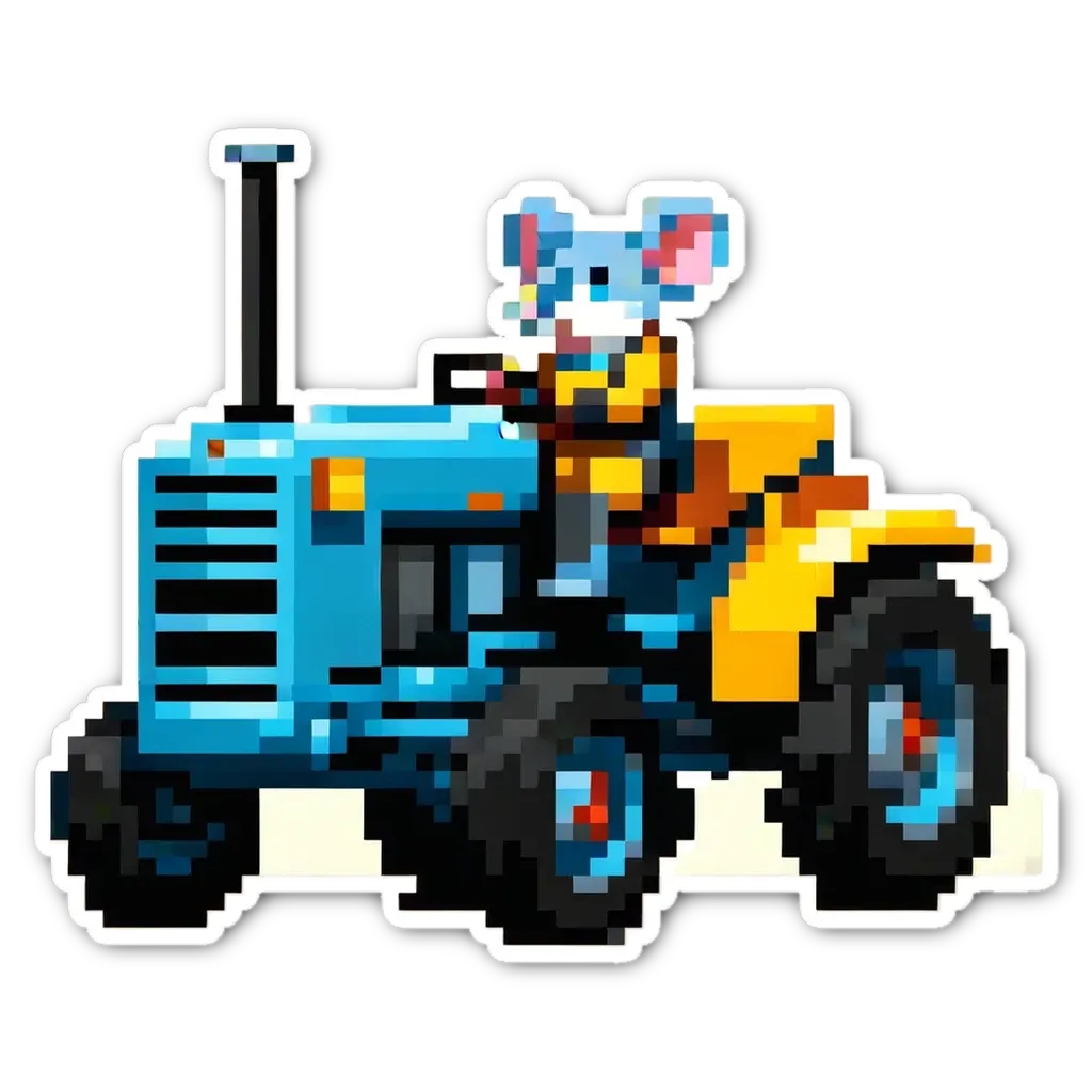 A sticker of a tractor with a mouse on it.