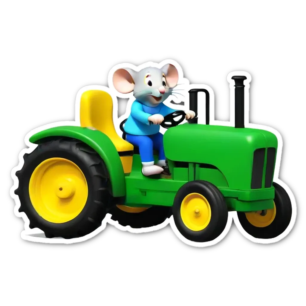 A green toy tractor with a mouse driving it.