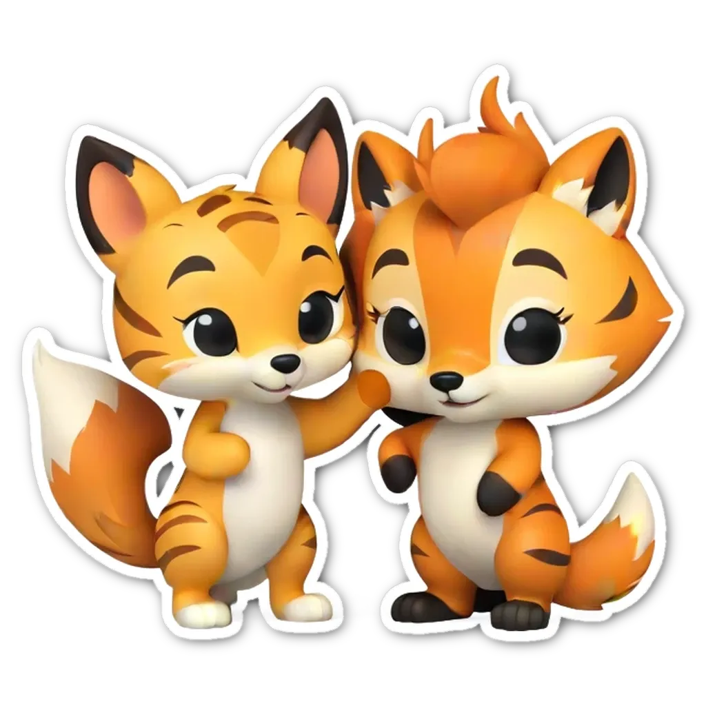 Two cartoon animals, one brown and one orange, are hugging each other.