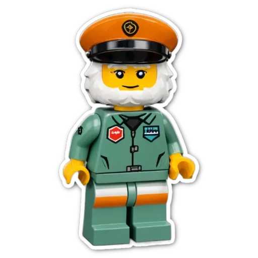 A lego person with a black hat and a green jacket.