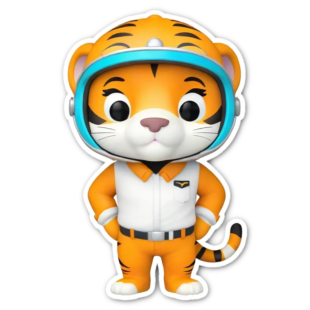 A small orange tiger wearing a white shirt and a blue helmet.