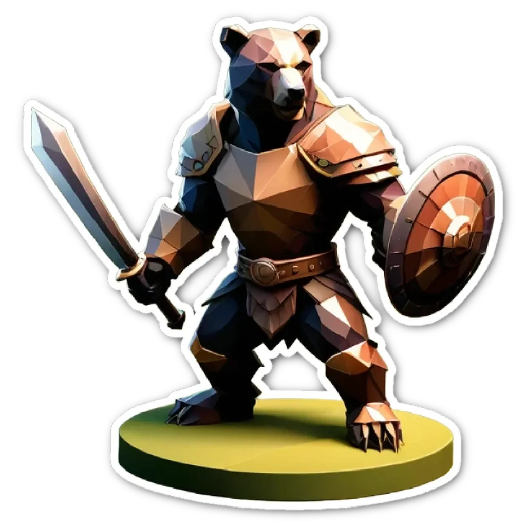 A bear with a shield is holding a sword.