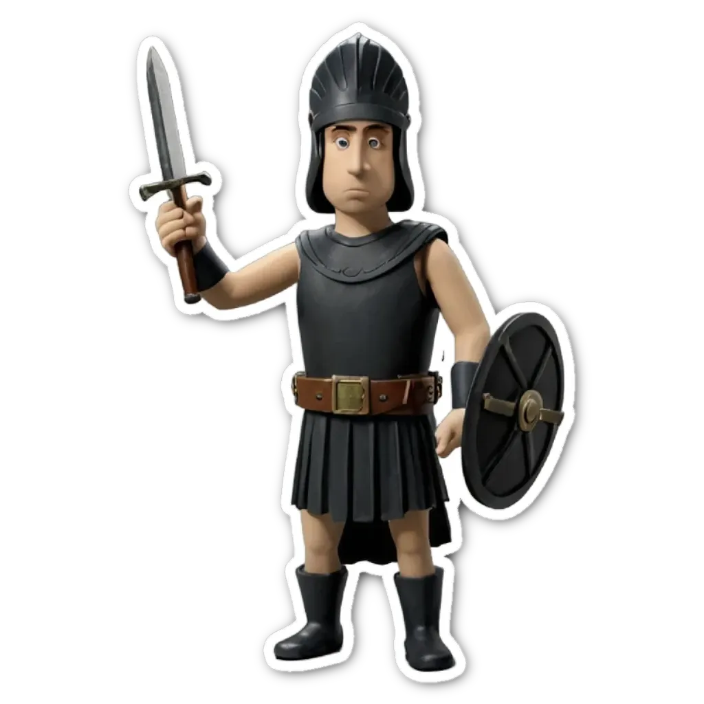 A plastic toy of a man holding a shield and sword.