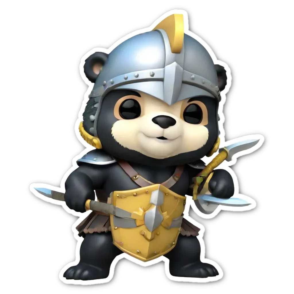 A black and yellow bear with a sword is holding his shield.