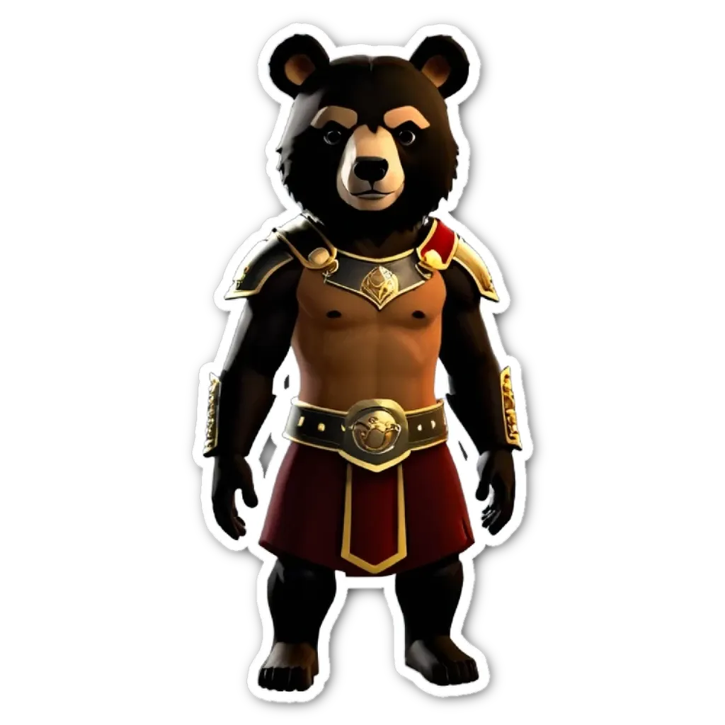 A bear with a red belt and gold armor standing on a black background.