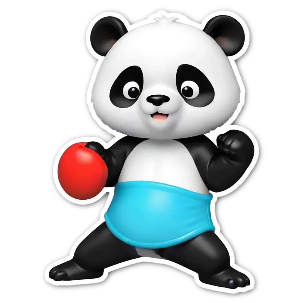 A panda bear with a red apple in his mouth is holding a ball.