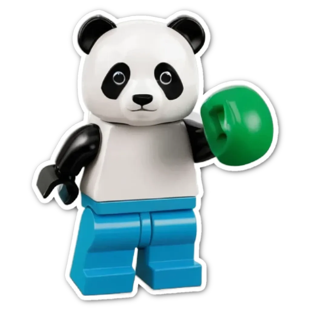 A lego panda bear holding a green ball.