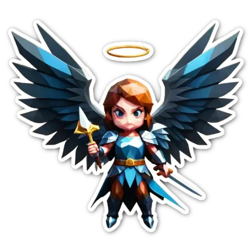 A girl with a sword is holding an angel.